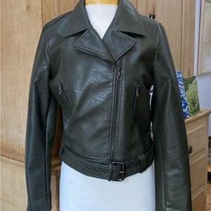 Tahari Women's Leather Moto Jacket in Dark Green